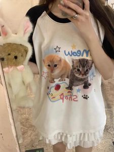Kadın Tişörtleri Adairl Kawaii Kedi Baskı T-Shirts Kadın Japonya Stil Kedisi Kısa Kollu Cutecore Üstler Tatlı Kız Y2K Genç Estetik
