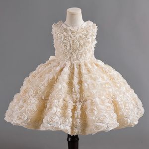 Nowe piękne różowe sukienki kwiatowe na wesele wykonane na zamówienie 2024 całkiem formalne dziewczyny suknie eleganckie 3D Rose Flowers Puffy Tiulle Controse Sukienka urodzinowa suknia urodzinowa