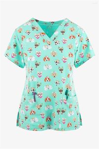 Mulheres camisetas Verão V Neck Scrub Top Mulheres Impresso Trabalho Uniforme Camisa Manga Curta Blusas Vestido de Enfermagem Enfermeira Túnica