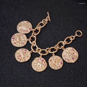 Braccialetti con ciondoli Vecchie monete per le donne Placcato in oro in lega di zinco con cristallo rosso Vintage Punk Boho Bracciale a mano Gioielli Regali per signora