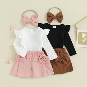 Clothing Sets Baby Girls Outfits Born Flying Sleeve Ribbed Tops And Corduroy Mini Skirt Headband Set Infant Clothes Suit