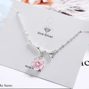 Wisiorki romantyczne 925 Srebrny Srebrny różowy kwiat wiśniowy dla kobiet z cyrkonem Sakura Flower Krótka biżuteria łańcucha obojczyka