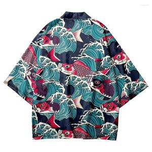 Etnisk kläder Fashion Wave Fish Print Traditionell Kimono Streetwear Casual Men Women Cardigan Cosplay Shirts Harajuku Japanese Samurai