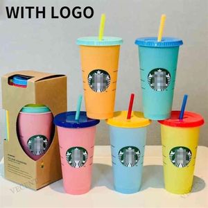 710ml Cold Color Change Cup Straw Cups Reusable Coffee Cup Portable Matte Finish Plastic Water Mugs With Lid227W