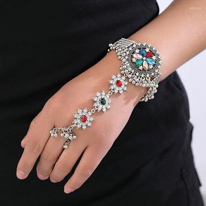 Charme pulseiras retro étnico colorido com correntes anéis mulheres luxuoso strass pulseira de cristal acessórios de jóias de pulso