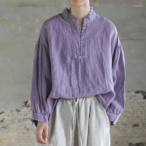 Kvinnors blusar Johnature 2024 Autumn Cotton Linen Stand Button långärmad oregelbunden skjortor Lossa fritidsmode All-Match Women Tops