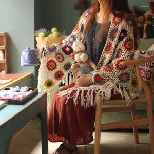 Женский трикотаж в стиле бохо с цветочным принтом, винтажный ажурный вязаный шаль, пончо с кисточками, женский ретро Mori Girl Arts, красочный свитер ручной работы