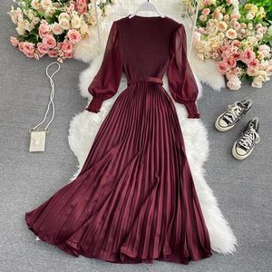 Casual Dresses Women's Spring Summer A-Line Pleated Midi Dress Long Sleeve Elegant Solid Vestidos Female Fashion Pullover Loose Clothes