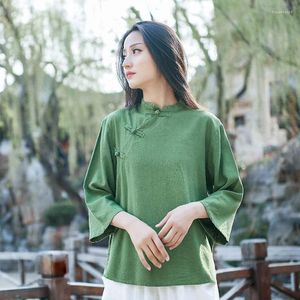Kvinnors blusar Johnature Vintage Shirt for Women Stand Cotton Linen 2024 Spring Solid Color Button Chinese Style Tops Shirts