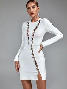 Casual Dresses Crystal Long Sleeve Bandage Dress Women White BodyCon Evening Party Elegant Sexy Birthday Club Outfits 2024 Autumn Winter