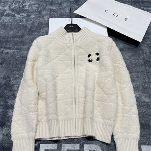 Women's sweater designer clothing early autumn classic basic minimalist high-end white zippered jacket diamond grid three-dimensional embroidery