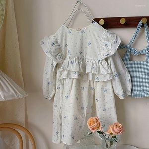 Flickaklänningar hjort Jonmi 2024 Spring Baby Girls Floral Printed Dress Ruched Sleeve Korean Style Toddlers Kids Princess