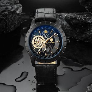 2019 TEVISE Mens Watches Mechanical Automatic Self-Wind Watch Black Leather Moon Phase Tourbillon Business Luminous Wristwatches2722