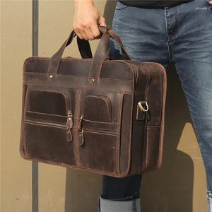 Briefcases Big Brown Black Top Grain Genuine Crazy Horse Leather 17'' Laptop Men Briefcase Business Travel Messenger Bag Portfolio M7387