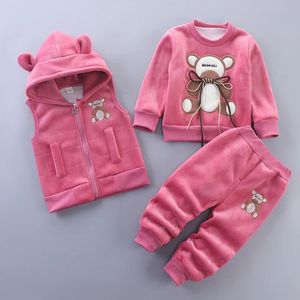 Vinter baby fleece kläder set höst pojkar flickor bomull tjock varm huva tröja tecknad björnbyxor 3 st barn kostym 0-4y 240131