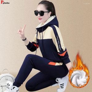 Calças femininas de duas peças inverno jogger 2 peças conjuntos com capuz retalhos grosso moletom roupa cintura alta harem plush forrado calças largas ternos