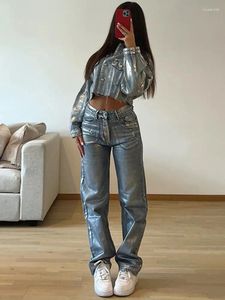 Kvinnors jeans taruxy tvättade tryck hög midja kvinnor mode grundläggande baggy lång byxa för gata last slouchy denim byxor kvinna