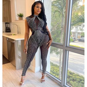 Fashion Rhinestone Jumpsuits For Women Sexy Mesh See Through Sleeveless Onepiece Body Suit 2024 New Party Club Jumpsuit Suit Outfits