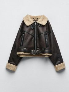 Casacos de Trench das Mulheres Inverno Mulheres Streetwear Pele de Carneiro Faux Cordeiro Casaco Curto com Cinto Moto Biker Grosso Casaco de Camurça Quente Outwear