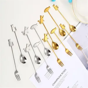 Coffee Scoops Creative Stainless Steel Stirring Spoon Cartoon Cat Fish Hanging Cup Teaspoon Fruit Dessert Fork Milk Ice Cream Tableware