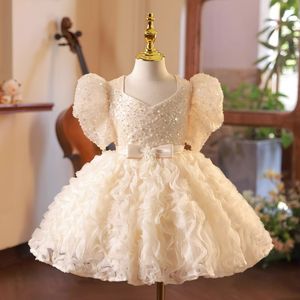 2024 Flower Girl Girls con onda da colpa per la damigella Girl Girls Gowns Pearls First Communion Dress Princess Children Birthing Birthday Dests 403