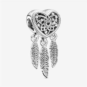 Ny 925 Sterling Silver Openwork Heart Three Feathers Dreamcatcher Charm Fit Original European Charm Armband Fashion Jewelry AC250Z