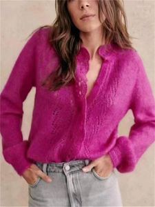 Damen-Strickpullover, 2024, Herbst, Mohair-Wollmischung, Spitze, Häkelarbeit, ausgehöhlt, einreihig, lässige Strickjacke