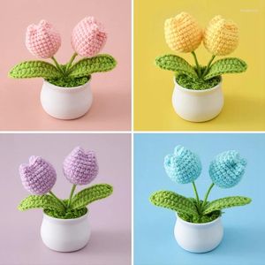 Decorative Flowers Tulip Crochet Flower Pot Hand Knitted Homemade Plants Desktop Ornament Living Room Decor Teacher's Day Gifts