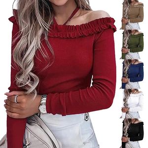 Women's T Shirts Autumn And Winter Chain Strap Solid Color V-neck Slim Long-sleeved T-shirt Top Woman