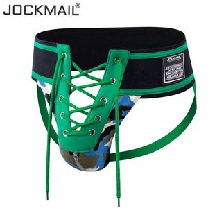 Jockmail Sexy Thong Men Jockstrap Underwear Lacing Camouflage Green3.15 Waistband Footballer Lace Up Open Gay Men Underwear 240126