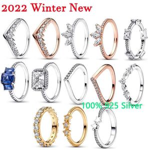 Anelli a fascia 2022 inverno nuovo argento 925 di alta qualità originale 1 1 rettangolo blu tre pietre glitter anelli gioielli da donna regalo Fashio2559