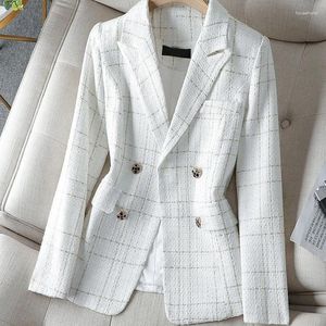 Kadınlar Suits Tweed Beyaz Ekose Uzun Kollu Üst Ceket 2024 Sonbahar ve Kış Kore tarzı şık zarif gevşek gündelik takım elbise