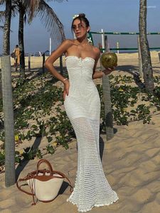Casual Dresses Y2K Strapless Knit Dress Women Sleeveless Fishnet Hollow Out Bodycon Long Summer Beach Sexy Bohemian Female