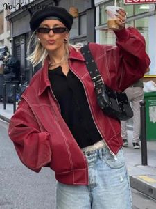 Kvinnorjackor Fashion Red Leather Jacket Kvinnor Patchwork Lapel Zipper Långärmad Kvinnlig kappa 2024 Vinter Loose Lady Lady Outwear