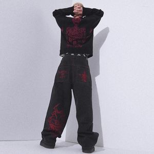 Men's Jeans Y2K Mens Hip Hop Retro Skull Embroidery Washed Denim Pants Straight Casual Loose Wide Leg Trouser Punk Streetwear