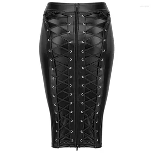 Kjolar pu läder kjol upp blixtlås bandage bodycon faux bak spets kvinnor dam knä längd våt look plus size svart stil ålder