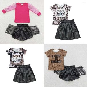 Conjuntos de roupas atacado boutique crianças verão camisa crianças preto borla couro shorts saia ocidental criança conjunto bebê menina moda outfit
