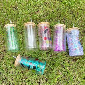 DIY gifts pre-drilled sublimation 12oz snow globe clear double walled BPA free beer glass can fit 3mm glitter with bamboo lid and straw for iced coffee, soda
