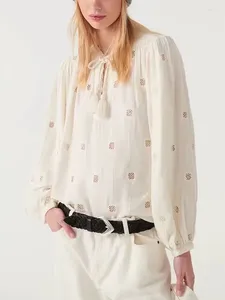 Kadınlar bluzları bloke içi boş tasarım bluzu kadın püsküllü bağcıklı uzun fener kolu v yaka gevşek dişi beyaz veya siyah gömlek