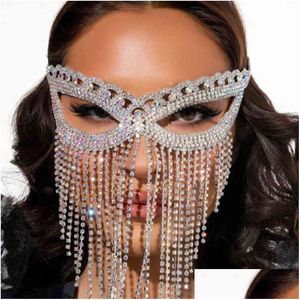 Party Masks Kmvexo Luxury Rhinestone Tassel Chain Mask for Face Women Fashion Crystal Halloween Wedding Jewelry 2022 Design Y220805 DHATF