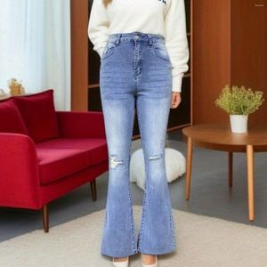 Calças de brim femininas rasgadas denim flare calças mulher estilo coreano cintura alta senhora 2024 primavera verão fino ajuste azul calças retas