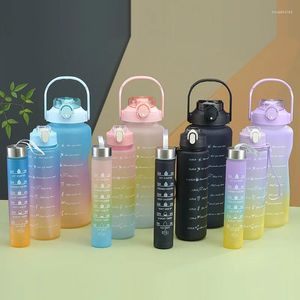 Water Bottles 1set/3pcs Large Capacity Bottle 0.3 0.9 2 Liter Plastic Sports Drinking With Time Marker Motivational Cups Outdoor