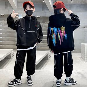 Inverno adolescente menino roupas conjunto crianças girlhoodies moletom superior e calças outfit colorido estrela impressão 2 peça agasalho com capuz 240131