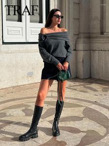 Kobiety swetry jesienne eleganckie szachy Sweter Off ramiona długie rękawy ciemnoszare plisowane eleganckie modne pulloczyki