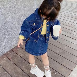 Джинсовый комплект для девочек, весенне-осенняя детская модная юбка, куртки из 2 предметов, детские повседневные джинсовые пальто, наряд