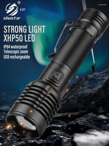 Latarki pochodnie XHP50 LED LED LASHLIGE WYSOKA WIELKIE CAMPING PIELANIA USB ACKARUBLATED 18650 LATERNE LANATORD PRZETWARNE WODYPORPORMOWE ZOOM