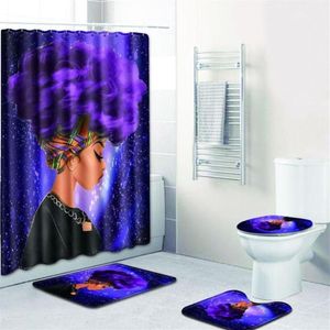 Fashion African Woman Pattern Polyester Shower Curtain Set Non Slip Rugs Carpet For Bathroom Toilet Flannel Bath Mat285E