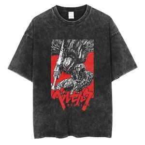 Erkek Tişörtler Anime Berserk Vintage Manga Asit Yıkanmış Tişört% 100 Pamuklu Tees Hip Hop Sokak Giyim Kısa Kollu Trend Grafik Basılı Üstler