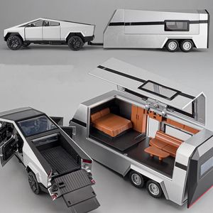 1/32 Tesla Cybertruck Pikap Römork Alaşım Araba Model Diecasts Metal Oyuncak Off-Road Araçları Kamyon Model Ses ve Hafif Çocuk Hediyeleri 240124