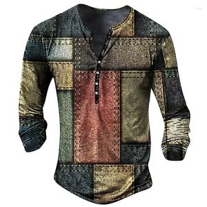 Męskie koszule kolorowe kolorystyczne platforma 3D Henley swobodna moda vintage długoterminowa koszulka na guziki TEE TOES